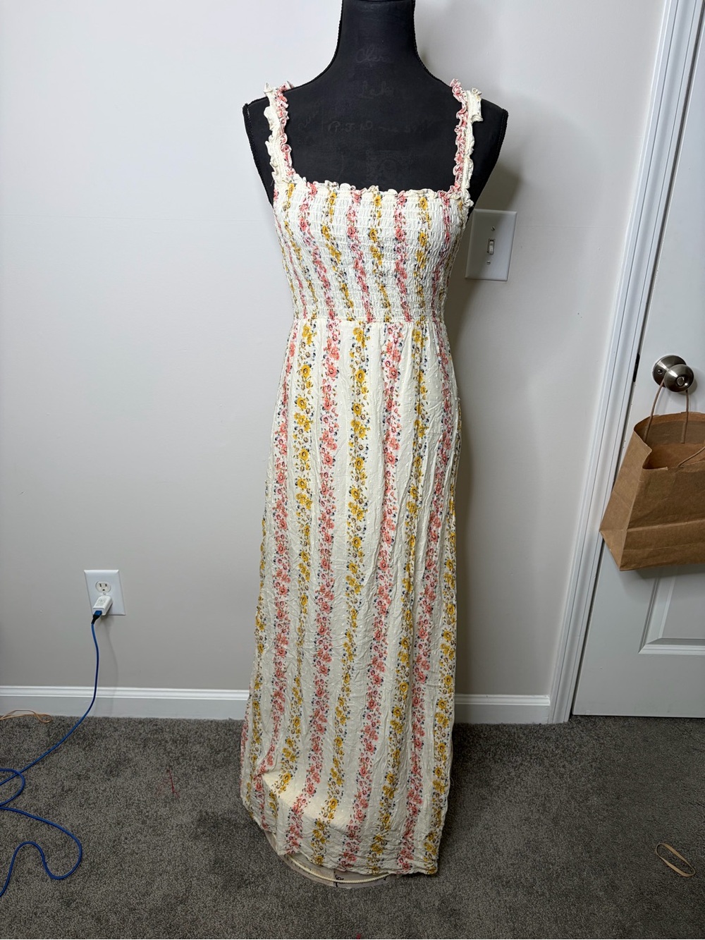 Smocked Floral Maxi Dress in Cream with Pink & Yellow floral textured sundress